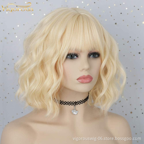Short Blonde Wavy Bob Wig with Bangs for Women Girls Natural Looking Pastel Blonde Wigs Curly for Daily Cosplay Halloween